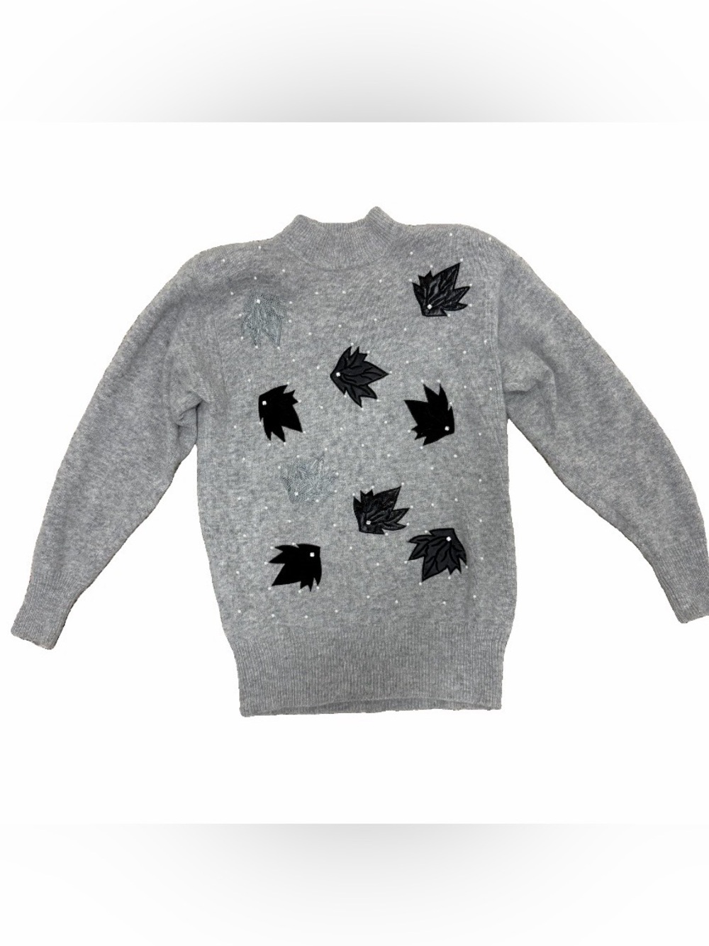 Vintage 90s Lambswool Angora Sweater M Fall Leaf Gray Bead Cottagecore Retro Y2K